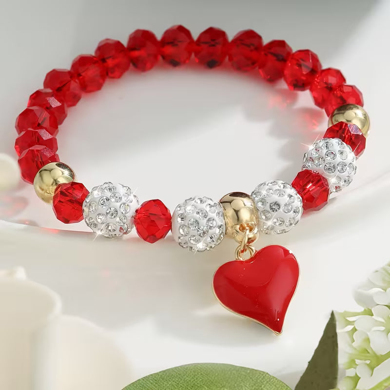 Crystal Beaded Heart Charm Bracelet for Women & Girls – Vibrant Red Faceted Beads with Sparkly Pavé Disco Balls – Romantic Stretch Bracelet for Valentine's Day, Birthdays, and Anniversaries