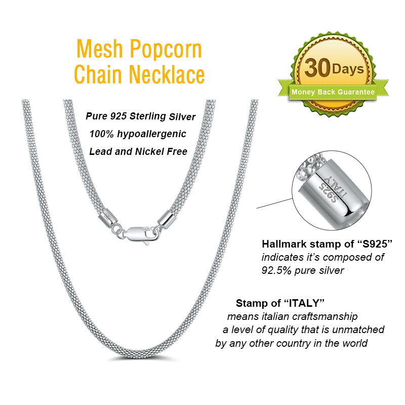 3MM 20IN Real Italian Solid 925 Sterling Silver Popcorn Mesh Chain Necklace