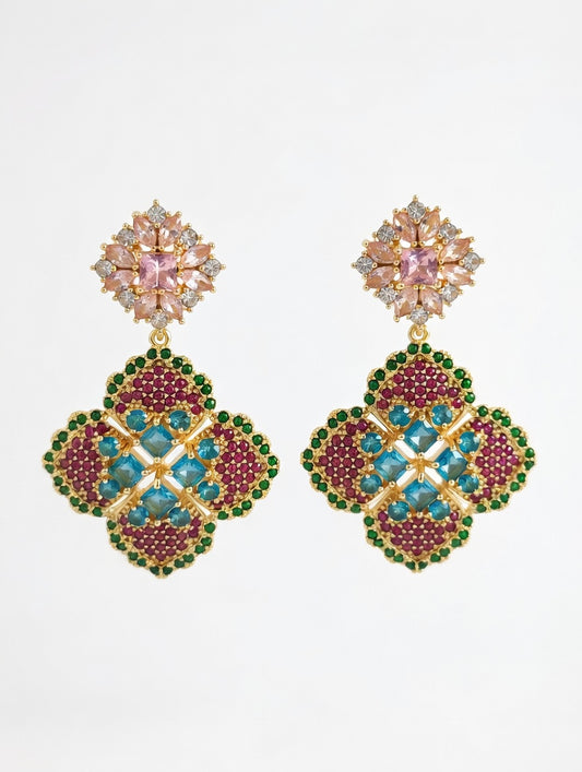 Vintage Gold-Plated Cushion-Cut Pink Crystal and Multi-Color Pavé Cubic Zirconia Statement Drop Earrings for Women – Intricate Multi-Gemstone Chandelier Earrings – Floral Quatrefoil Motif for Weddings, Parties, and Pageants