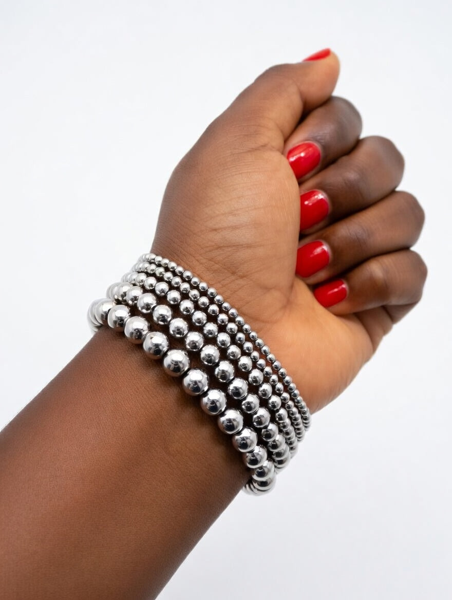5 IN 1 Luxury Multi-Layer Beaded Bracelet Set for Women – Stretch Stackable Ball Bracelets in 14k Gold & Silver – Elegant Jewelry