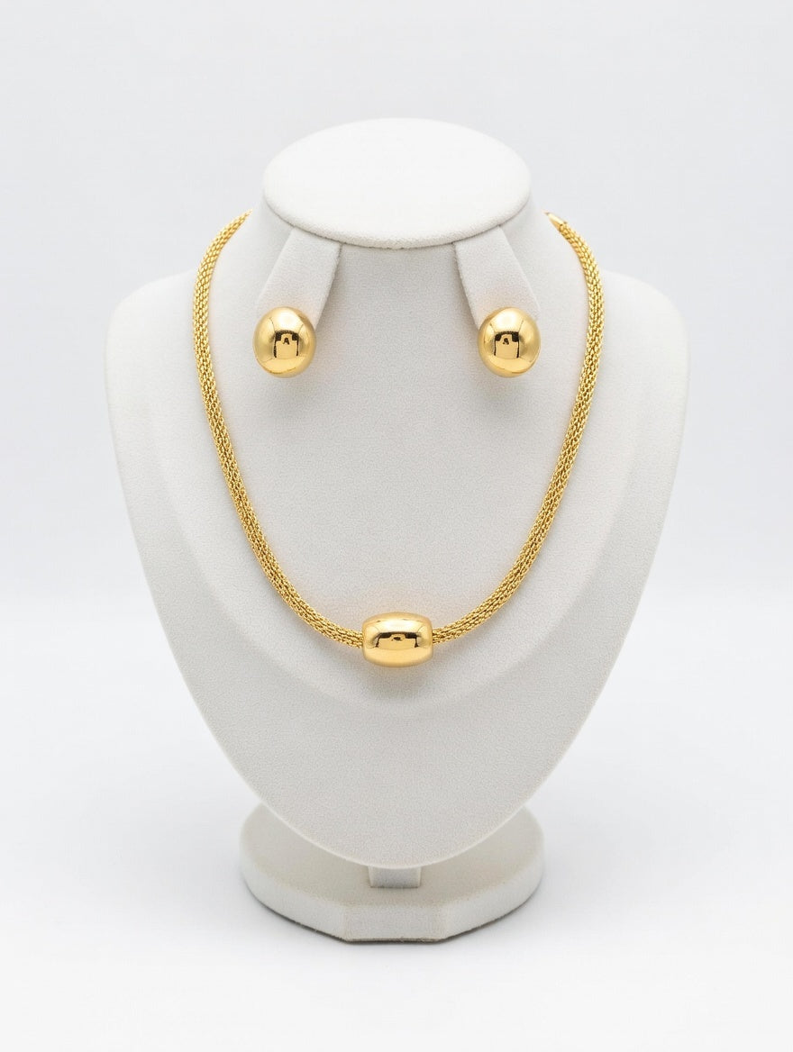 Long Lasting Yellow Gold Mesh Necklace Chain & Earrings Set - Round Ball Pendant