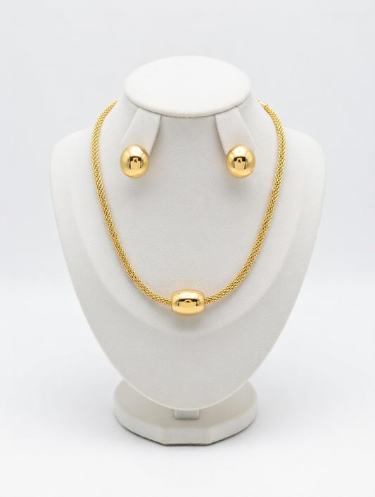 Long Lasting Yellow Gold Mesh Necklace Chain & Earrings Set - Round Ball Pendant