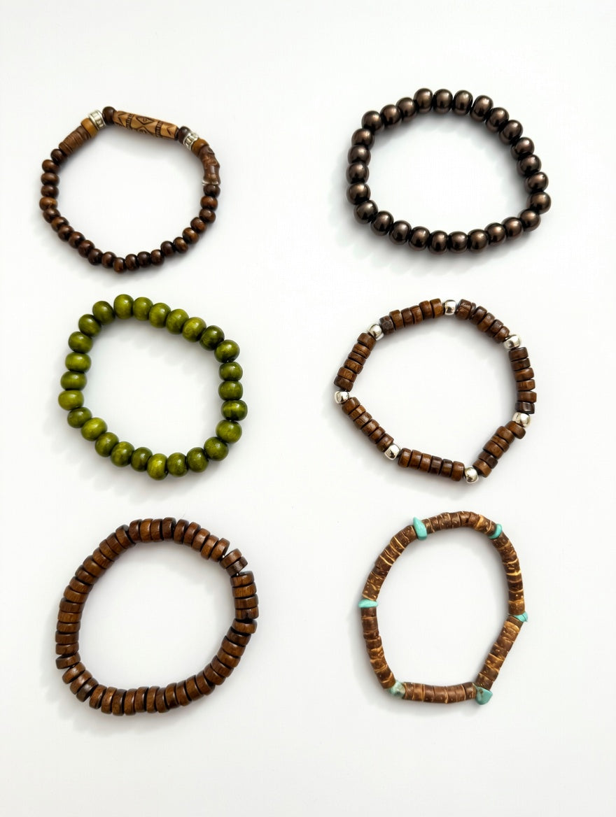 002 Vintage Style Wooden Bead Bracelet Set - Boho Tribal Stackable Set of 6