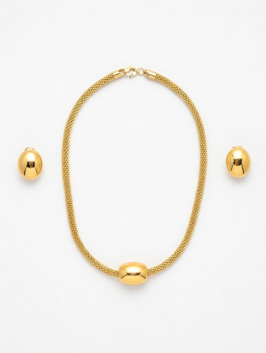 Long Lasting Yellow Gold Mesh Necklace Chain & Earrings Set - Round Ball Pendant