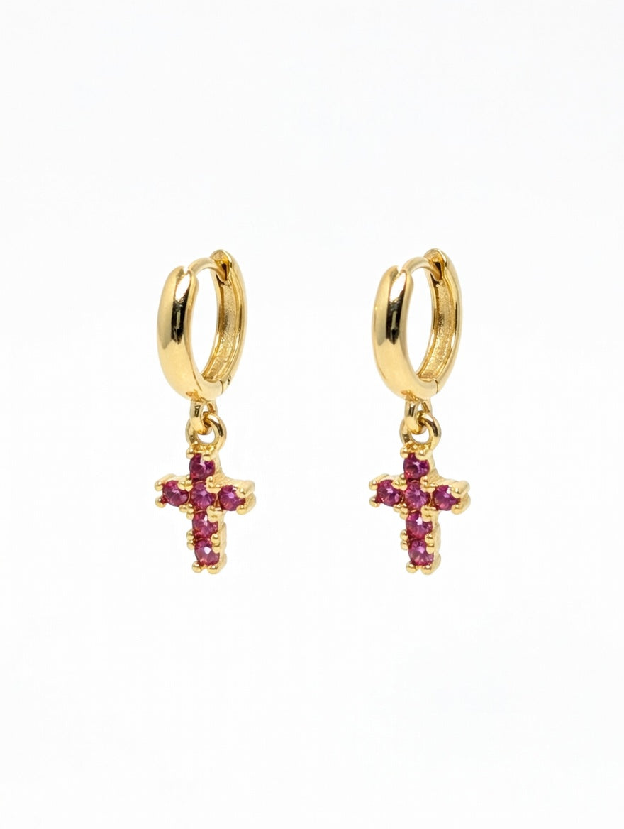 Dainty Cross Huggie Hoop Earrings for Women – 14K Gold Plated Boho Religious Dangle Earrings – Tiny Turquoise Stone Cross Charms for Cartilage and Lobe – Minimalist Spiritual Jewelry Gift