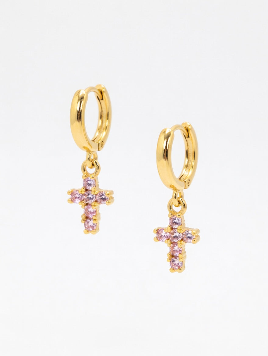 Dainty Cross Huggie Hoop Earrings for Women – 14K Gold Plated Boho Religious Dangle Earrings – Tiny Turquoise Stone Cross Charms for Cartilage and Lobe – Minimalist Spiritual Jewelry Gift