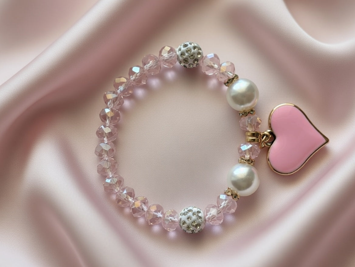 Crystal Beaded Heart Charm Bracelet for Women & Girls – Vibrant Red Faceted Beads with Sparkly Pavé Disco Balls – Romantic Stretch Bracelet for Valentine's Day, Birthdays, and Anniversaries