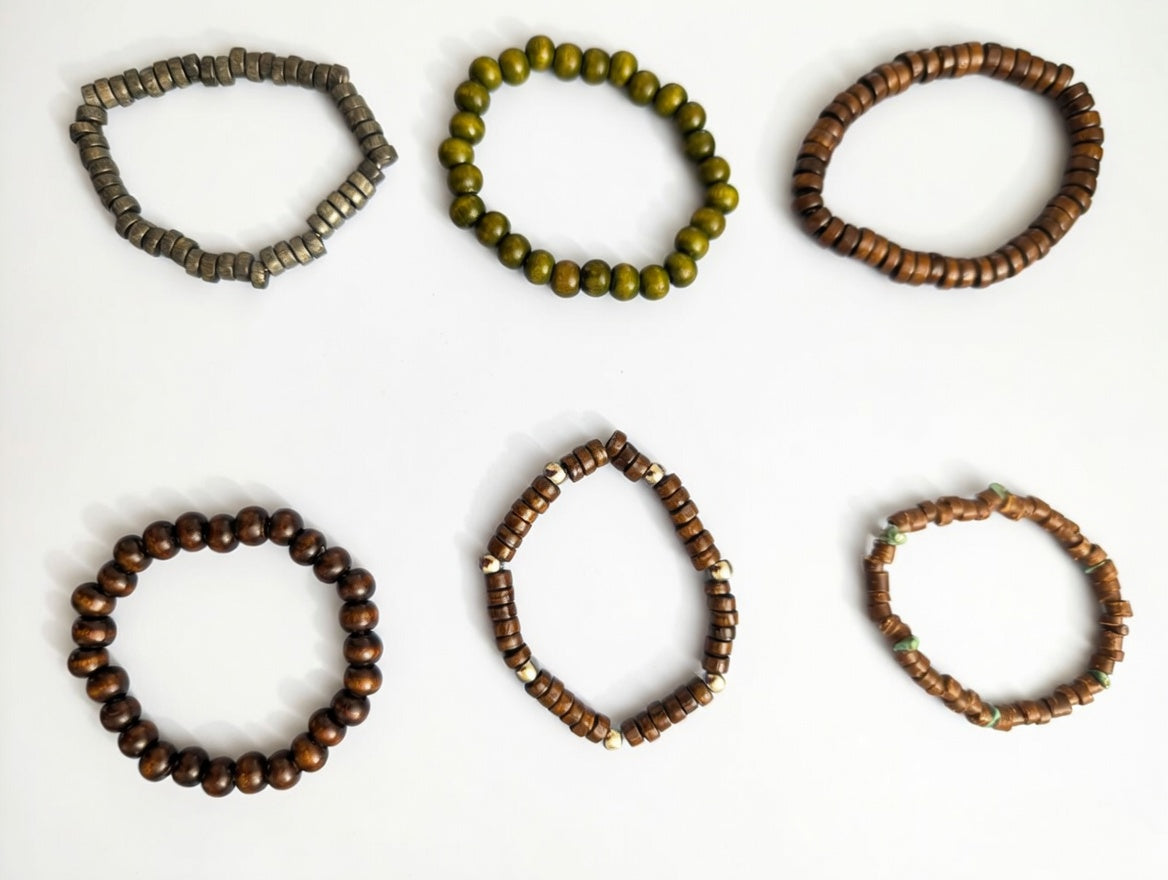 003 Vintage Style Wooden Bead Bracelet Set - Boho Tribal Stackable Set of 6