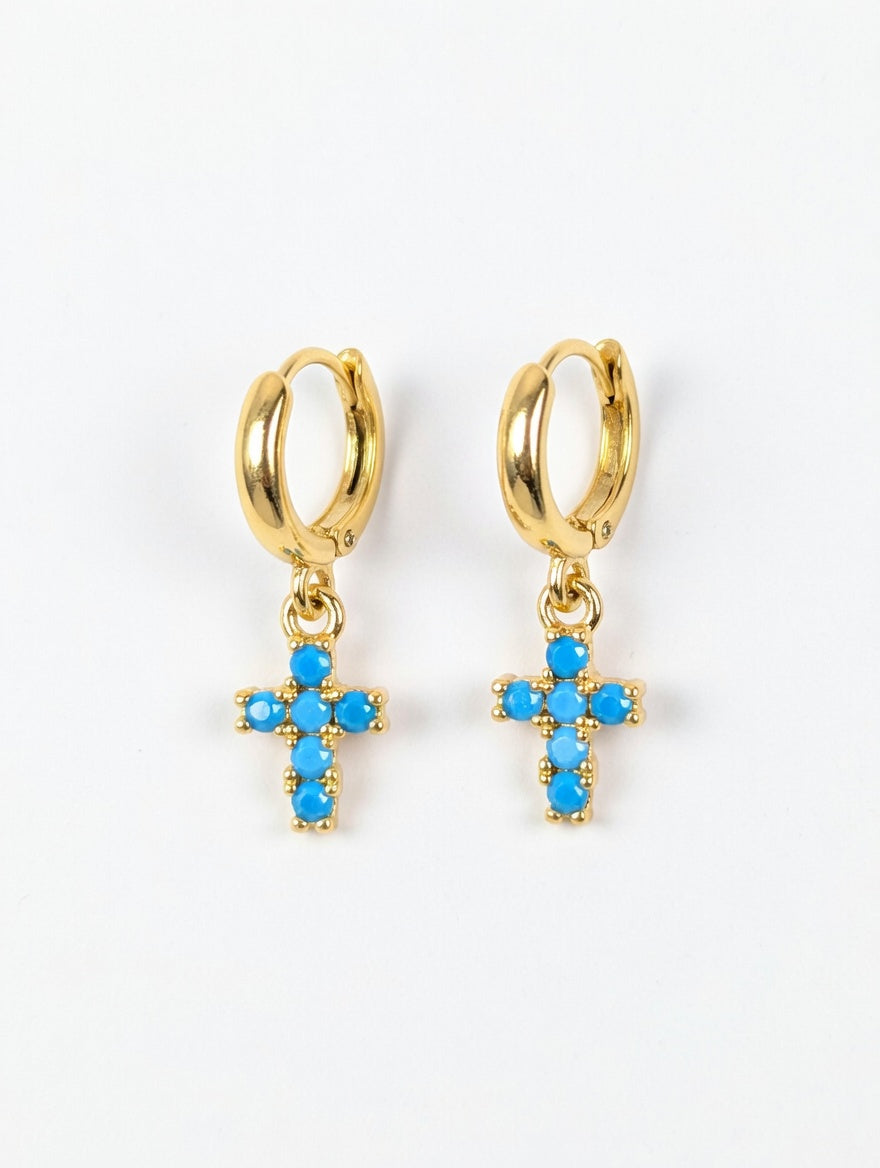 Dainty Cross Huggie Hoop Earrings for Women – 14K Gold Plated Boho Religious Dangle Earrings – Tiny Turquoise Stone Cross Charms for Cartilage and Lobe – Minimalist Spiritual Jewelry Gift