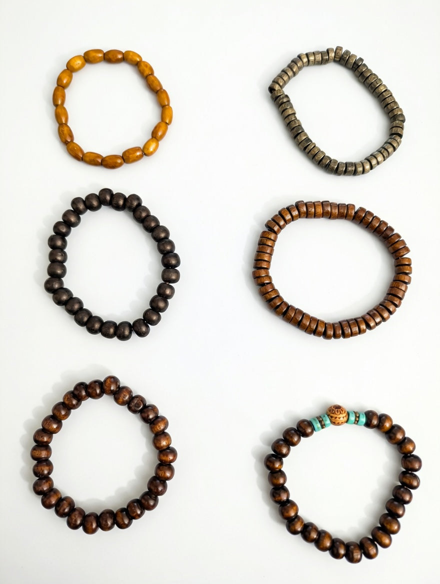 Vintage Style Wooden Bead Bracelet Set - Boho Tribal Stackable Set of 6