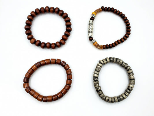 005 Vintage Style Wooden Bead Bracelet Set - Boho Tribal Stackable Set of 4