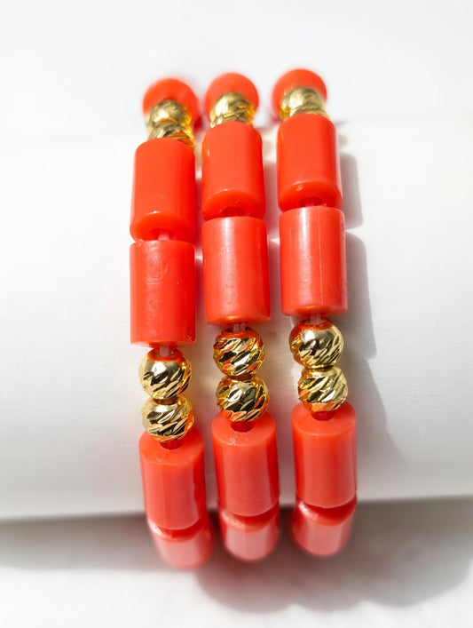 3 IN 1 CORAL BEADS WITH DIAMOND CUT GOLD FILLED BEADS BRACELETS