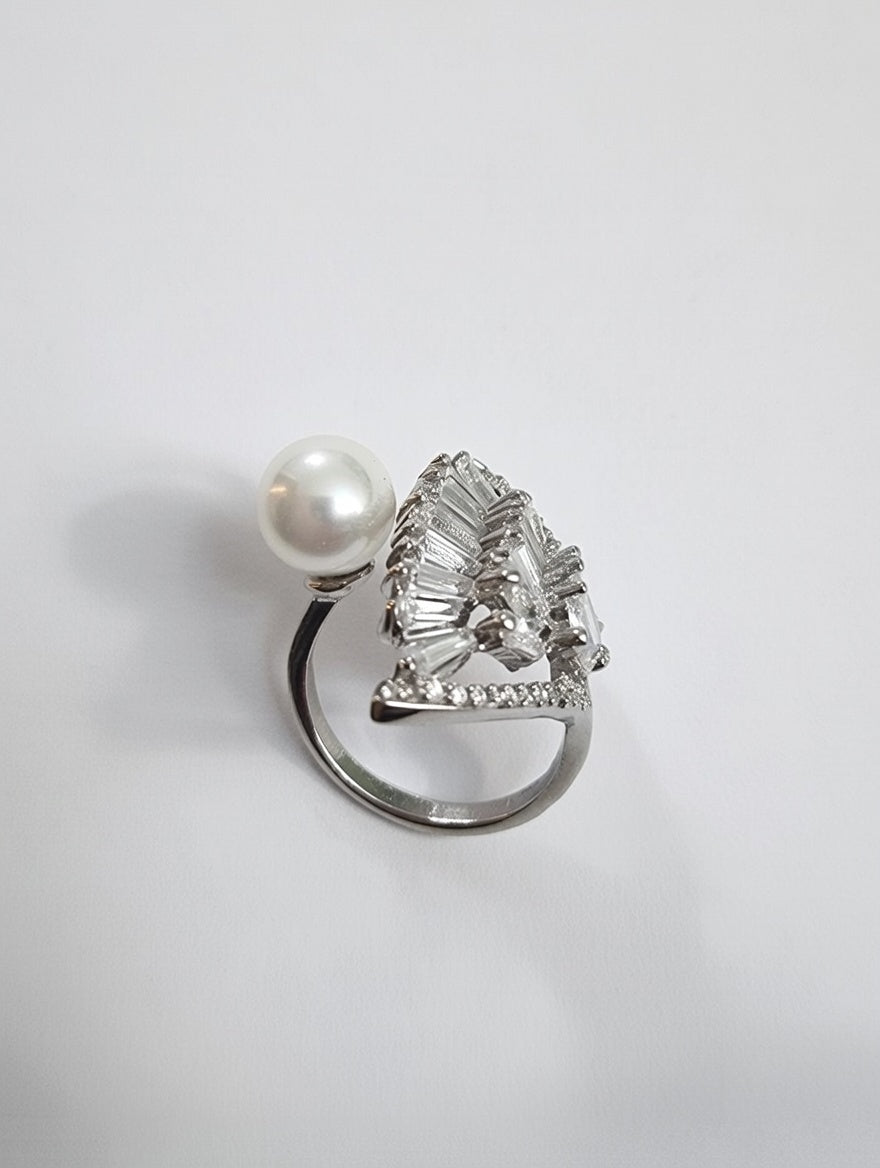 Lustrous Pearl & Baguette Diamond Fan Cocktail Ring in 18K White Gold Plating 7