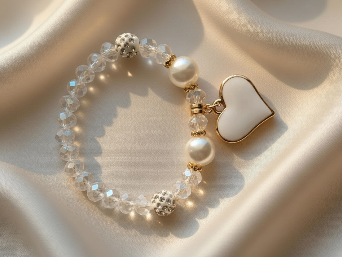 Crystal Beaded Heart Charm Bracelet for Women & Girls – Vibrant Red Faceted Beads with Sparkly Pavé Disco Balls – Romantic Stretch Bracelet for Valentine's Day, Birthdays, and Anniversaries