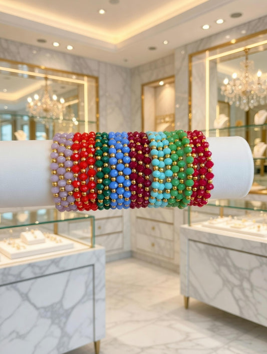 3 IN 1 Colorful Beaded Stretch Bracelet Set– Gold and Crystal Stackable Jewelry