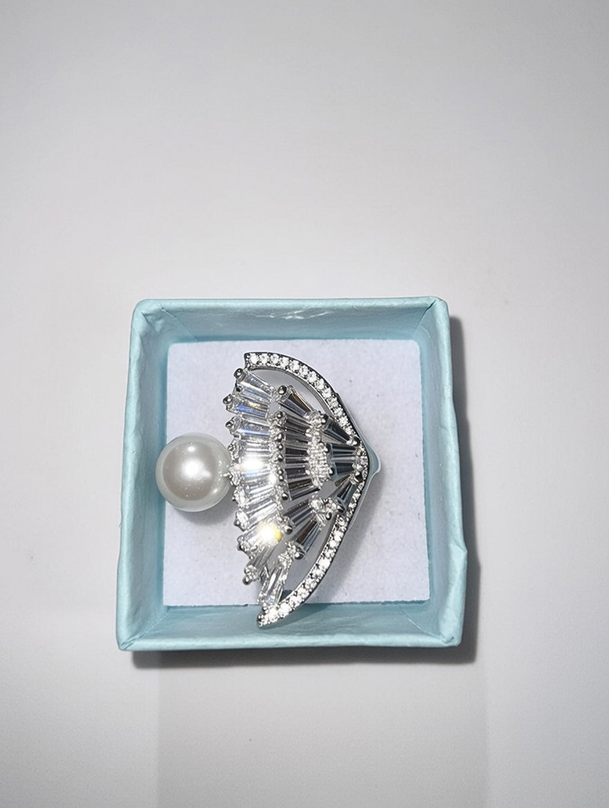 Lustrous Pearl & Baguette Diamond Fan Cocktail Ring in 18K White Gold Plating 7