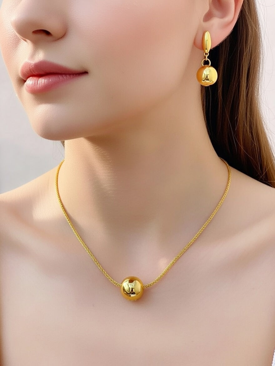 Long Lasting Yellow Gold Mesh Necklace Chain & Earrings Set - Round Ball Pendant