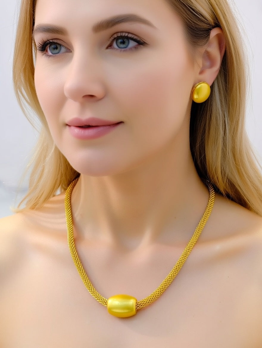 Long Lasting Yellow Gold Mesh Necklace Chain & Earrings Set - Round Ball Pendant