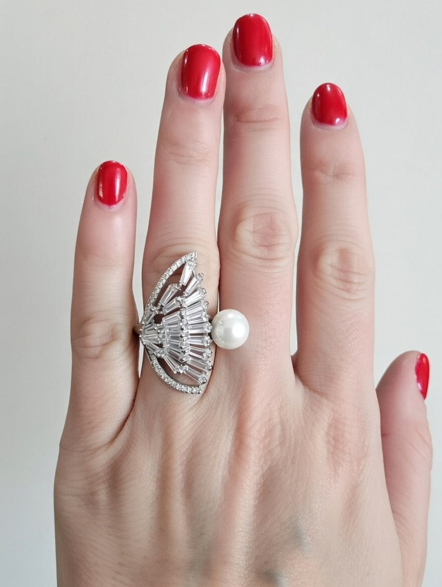 Lustrous Pearl & Baguette Diamond Fan Cocktail Ring in 18K White Gold Plating 7