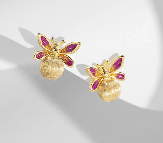 Beautiful Real 18k Gold earrings with pink wings (FREE SHIPPING)