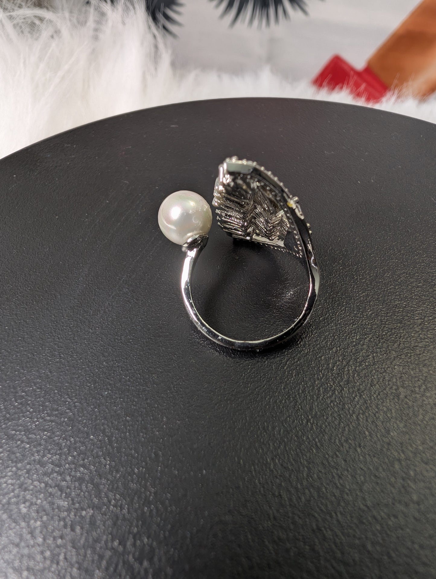 Lustrous Pearl & Baguette Diamond Fan Cocktail Ring in 18K White Gold Plating 7
