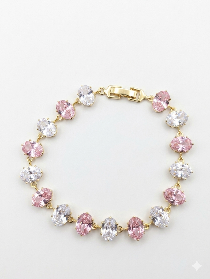 Radiant Oval Halo Tennis Bracelet – Blush Pink & Diamond White Crystal Gold-Plated Link Bracelet
