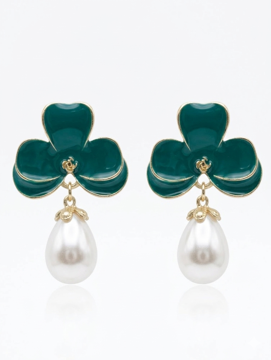 Floral Enamel Pearl Drop Earrings - Elegant Botanical Statement Jewelry