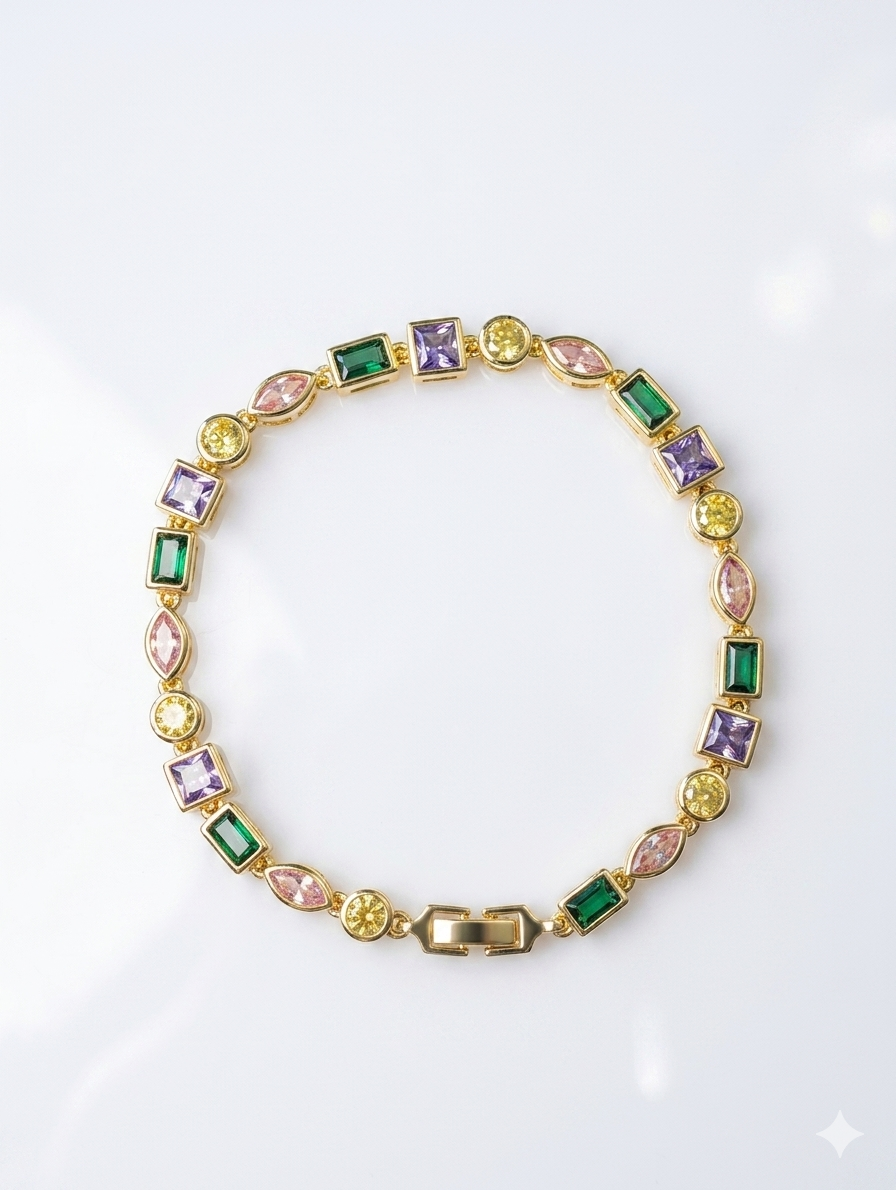 Luxury Gold-Tone Multicolor Gemstone Tennis Bracelet – Elegant Statement Jewelry for Women