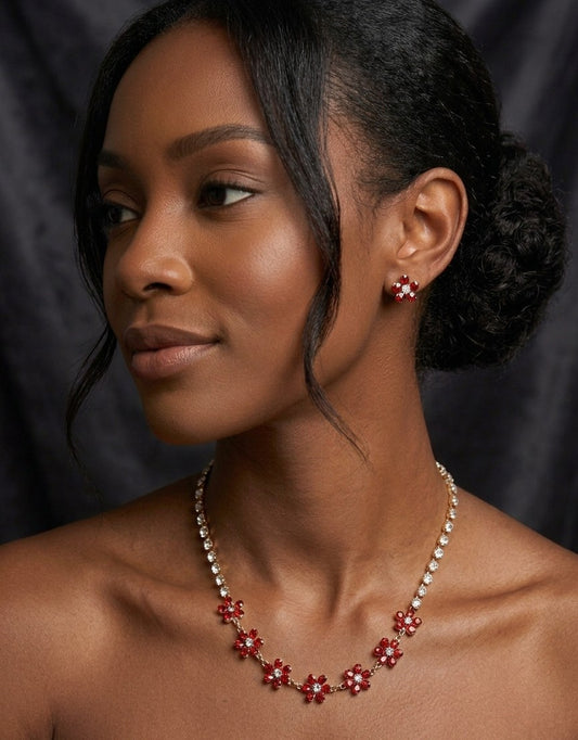 Bold Red Rhinestone Flower Necklace Earrings Set Crystal Floral Choker Bridal Prom Jewelry
