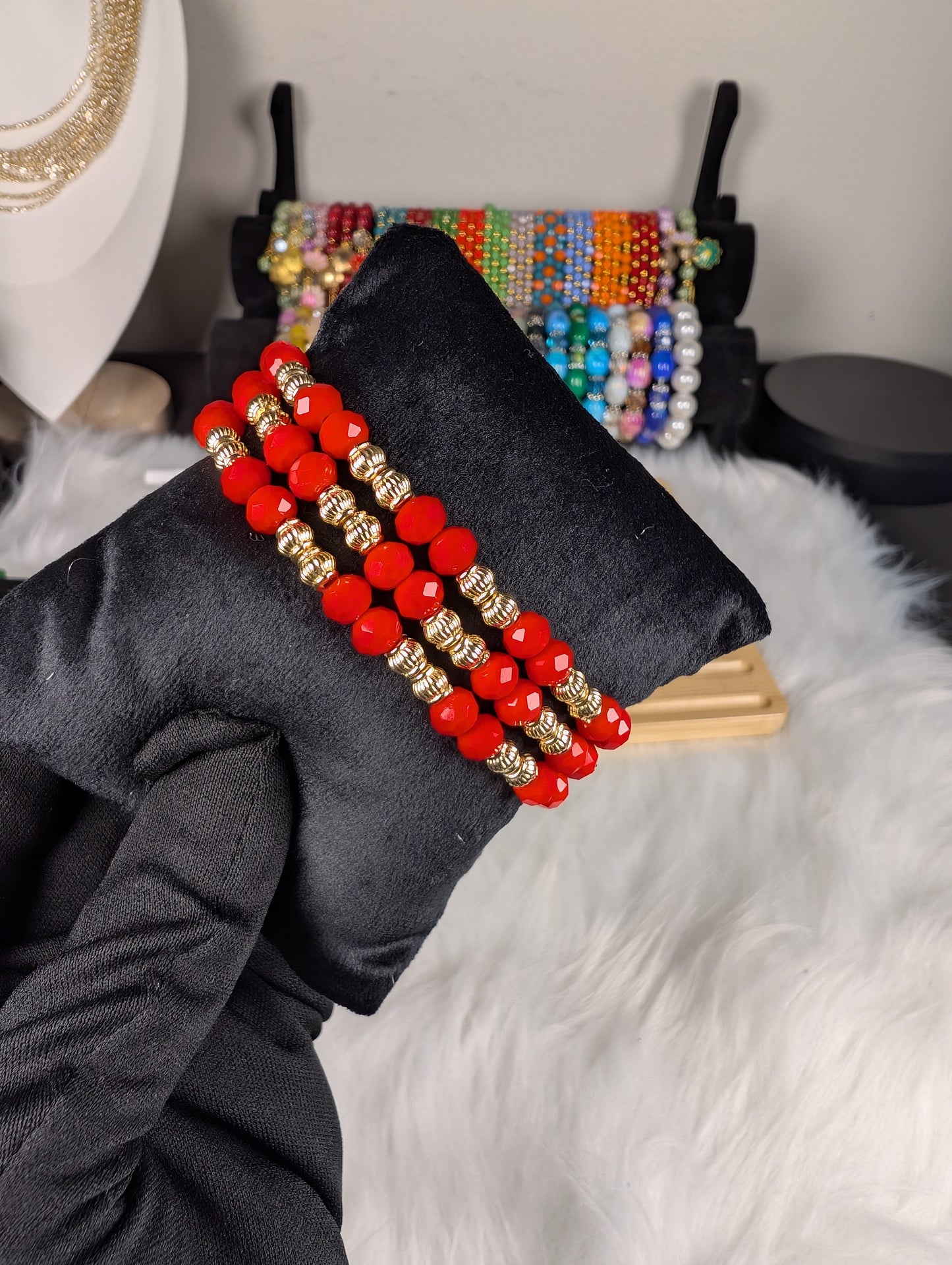 3 IN 1 Colorful Crystal Beaded Stretch Bracelet Set for Women – Gold Accent Stackable Bracelets, Fashion Jewelry Gift