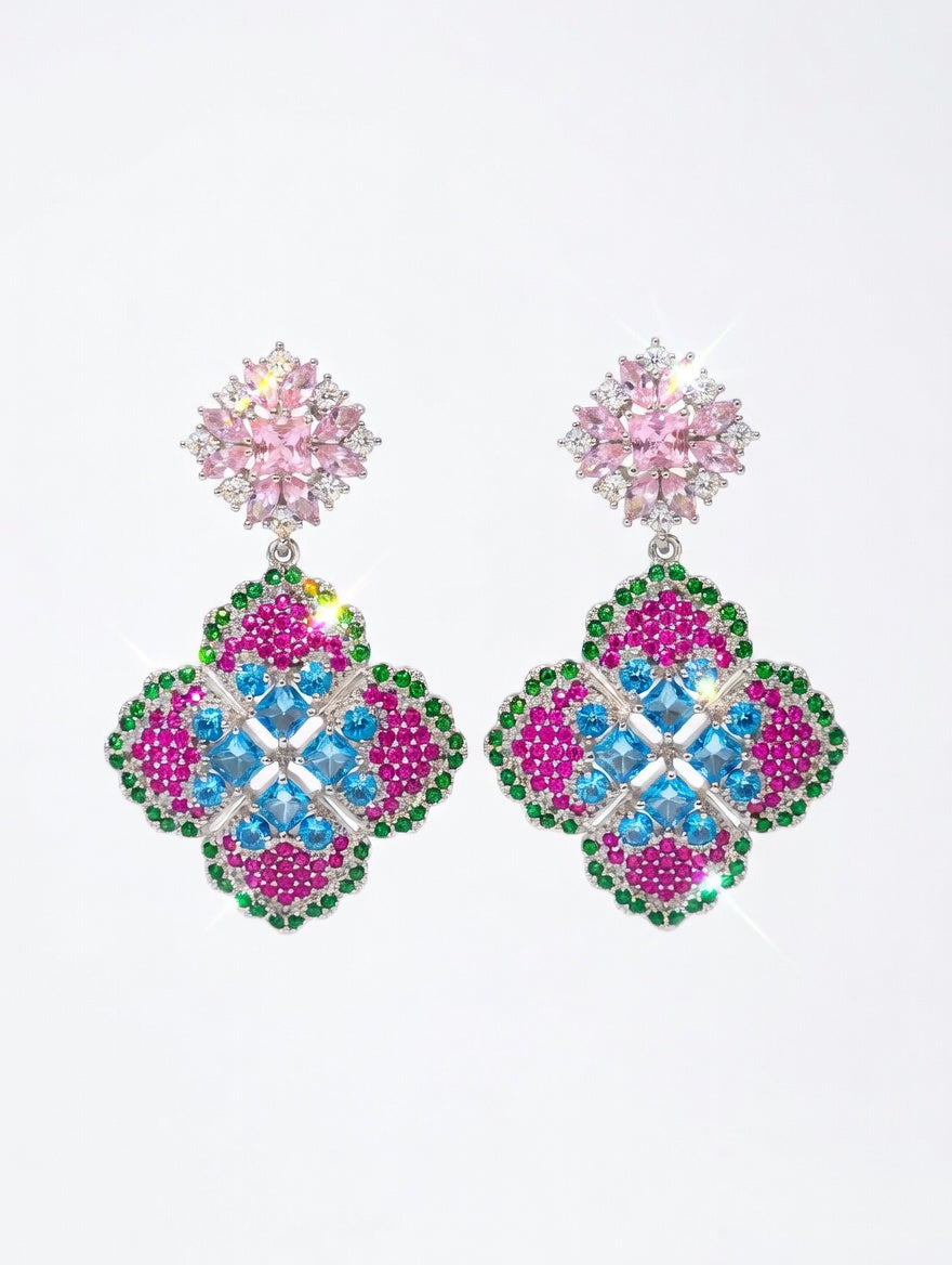 Luxury Multi-Color Crystal Drop Earrings for Women – Vibrant Pink, Blue, & Green Pavé Floral Chandelier Earrings – Statement Jewelry for Weddings, Galas, and Special Occasions