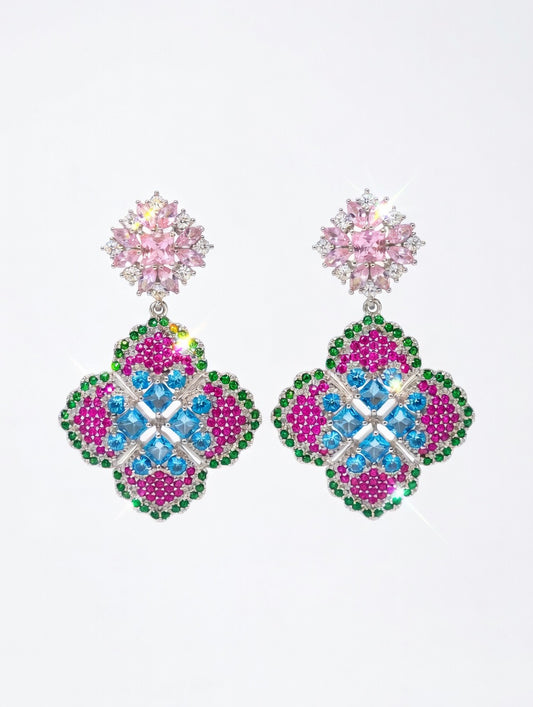 Luxury Multi-Color Crystal Drop Earrings for Women – Vibrant Pink, Blue, & Green Pavé Floral Chandelier Earrings – Statement Jewelry for Weddings, Galas, and Special Occasions