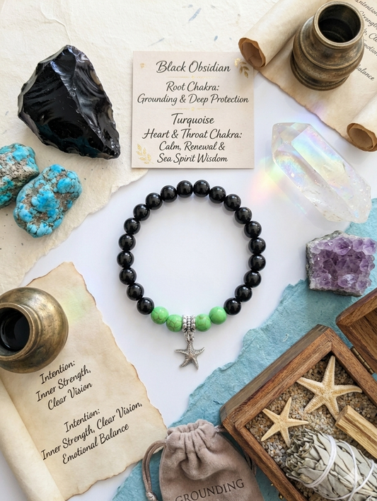 Black Obsidian and Green Turquoise Starfish Bracelet – Ultimate Shield & Serenity Combo