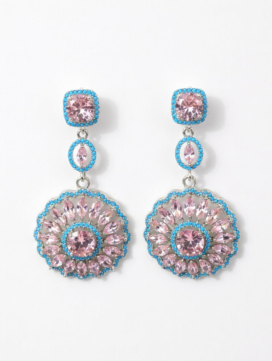 Elegant Pink & Turquoise Crystal Mandala Drop Earrings – Floral Sunburst Chandelier Earrings for Women – Bohemian Sparkle Statement Jewelry for Weddings, Parties, and Gifts