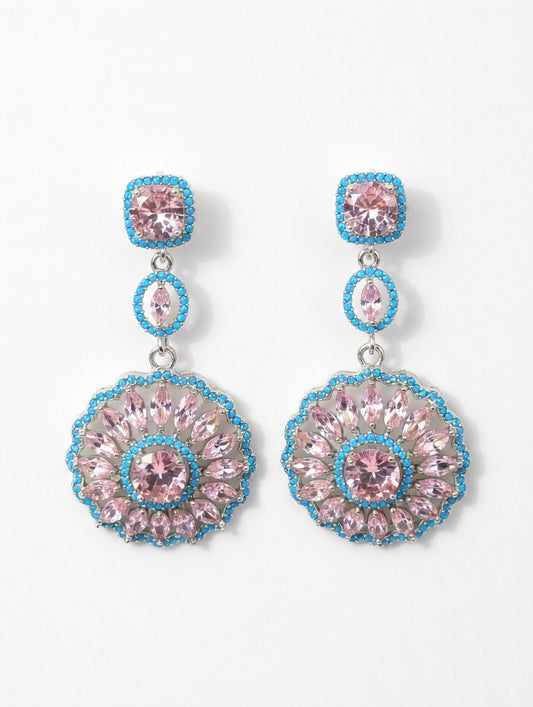 Elegant Pink & Turquoise Crystal Mandala Drop Earrings – Floral Sunburst Chandelier Earrings for Women – Bohemian Sparkle Statement Jewelry for Weddings, Parties, and Gifts
