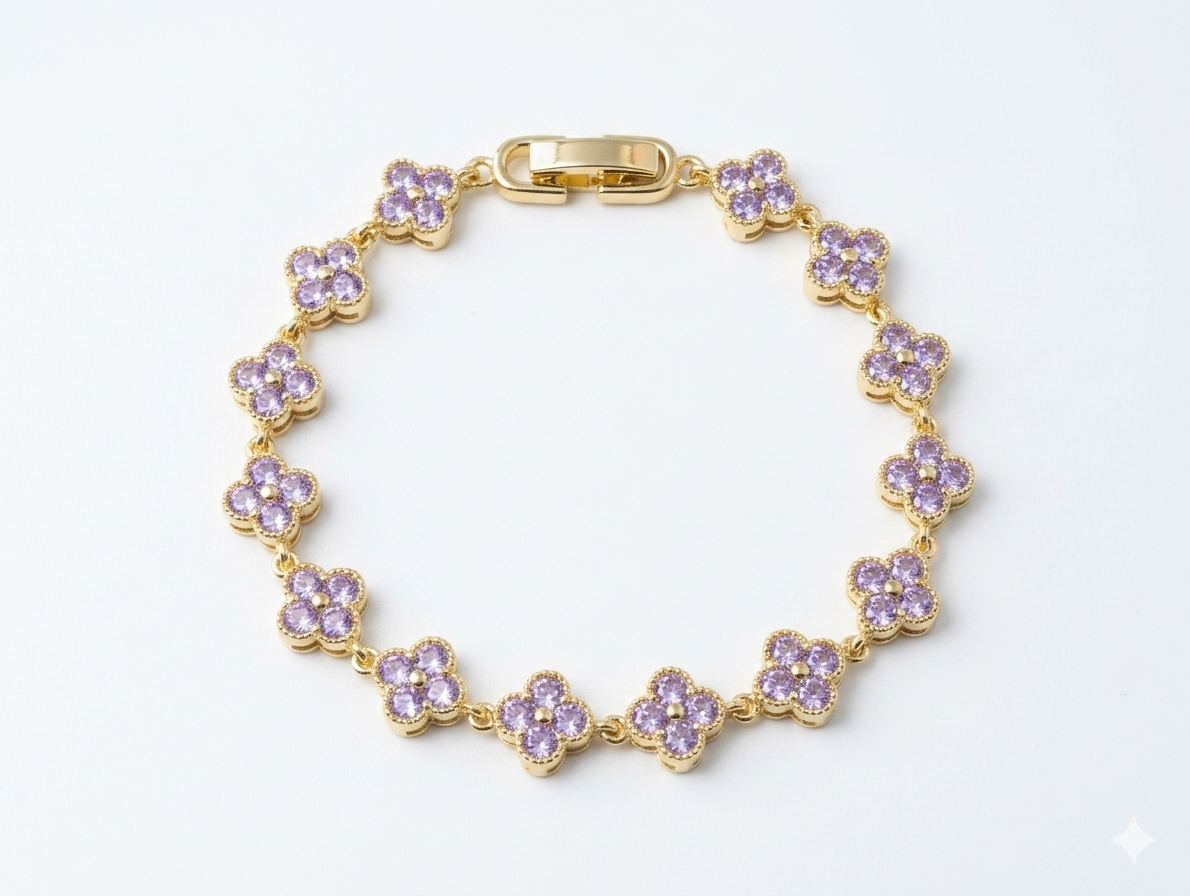 Dainty Lavender Clover Blossom Bracelet – 14K Gold Plated Sparkling Crystal Floral Link Bracelet
