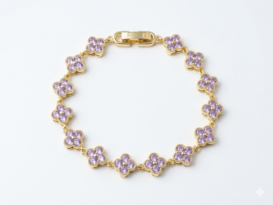 Dainty Lavender Clover Blossom Bracelet – 14K Gold Plated Sparkling Crystal Floral Link Bracelet
