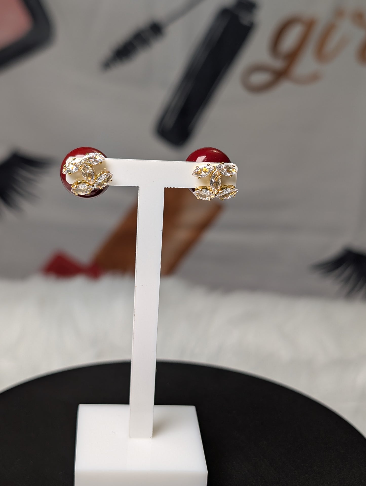Elegant Double-Sided Pearl & Crystal Logo Stud Earrings – Reversible Front & Back Design – Red Pearl Statement Earrings for Women