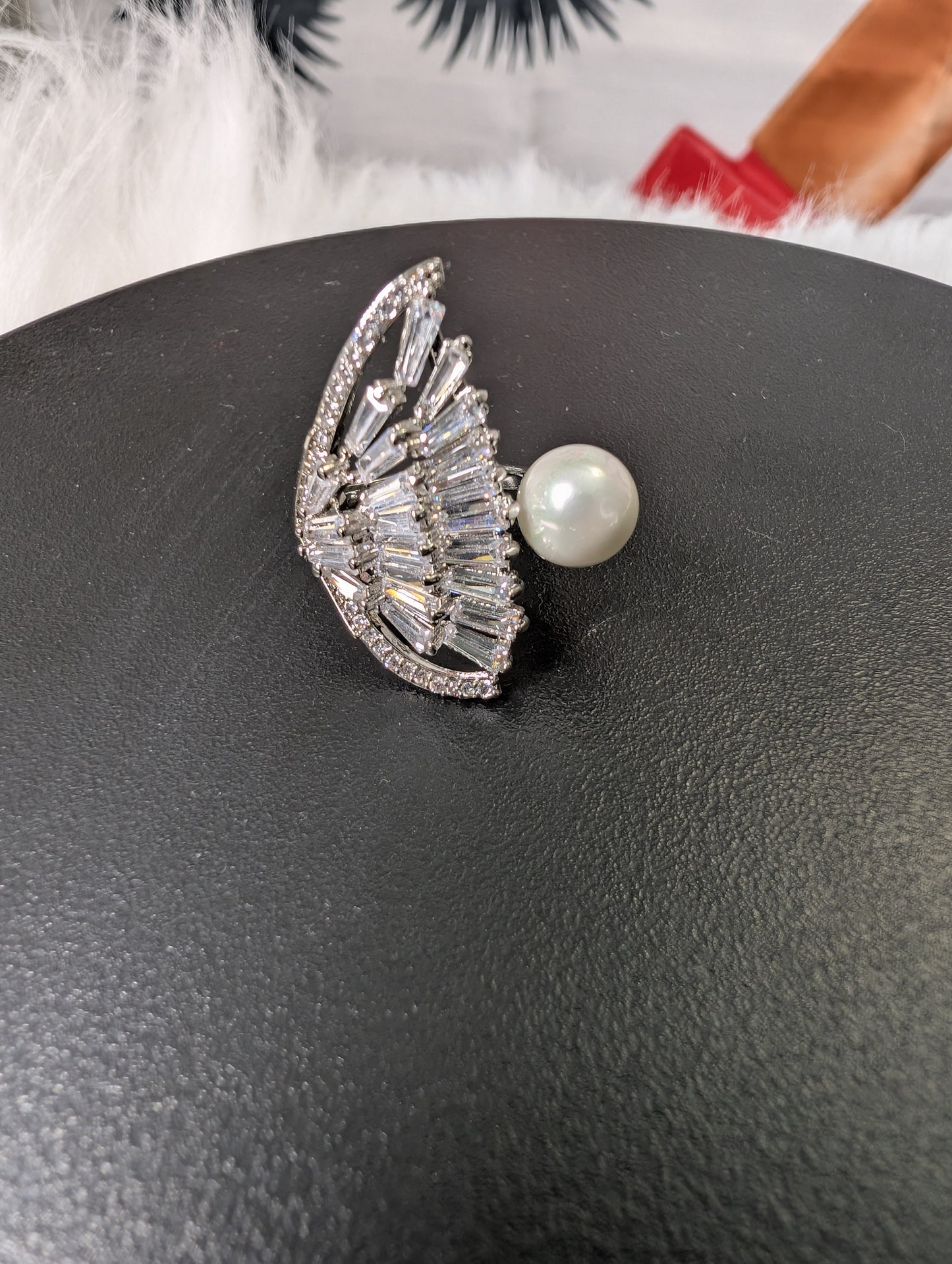 Lustrous Pearl & Baguette Diamond Fan Cocktail Ring in 18K White Gold Plating 7