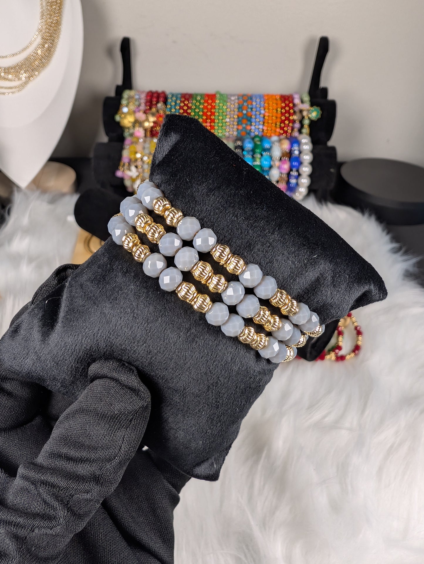 3 IN 1 Colorful Crystal Beaded Stretch Bracelet Set for Women – Gold Accent Stackable Bracelets, Fashion Jewelry Gift