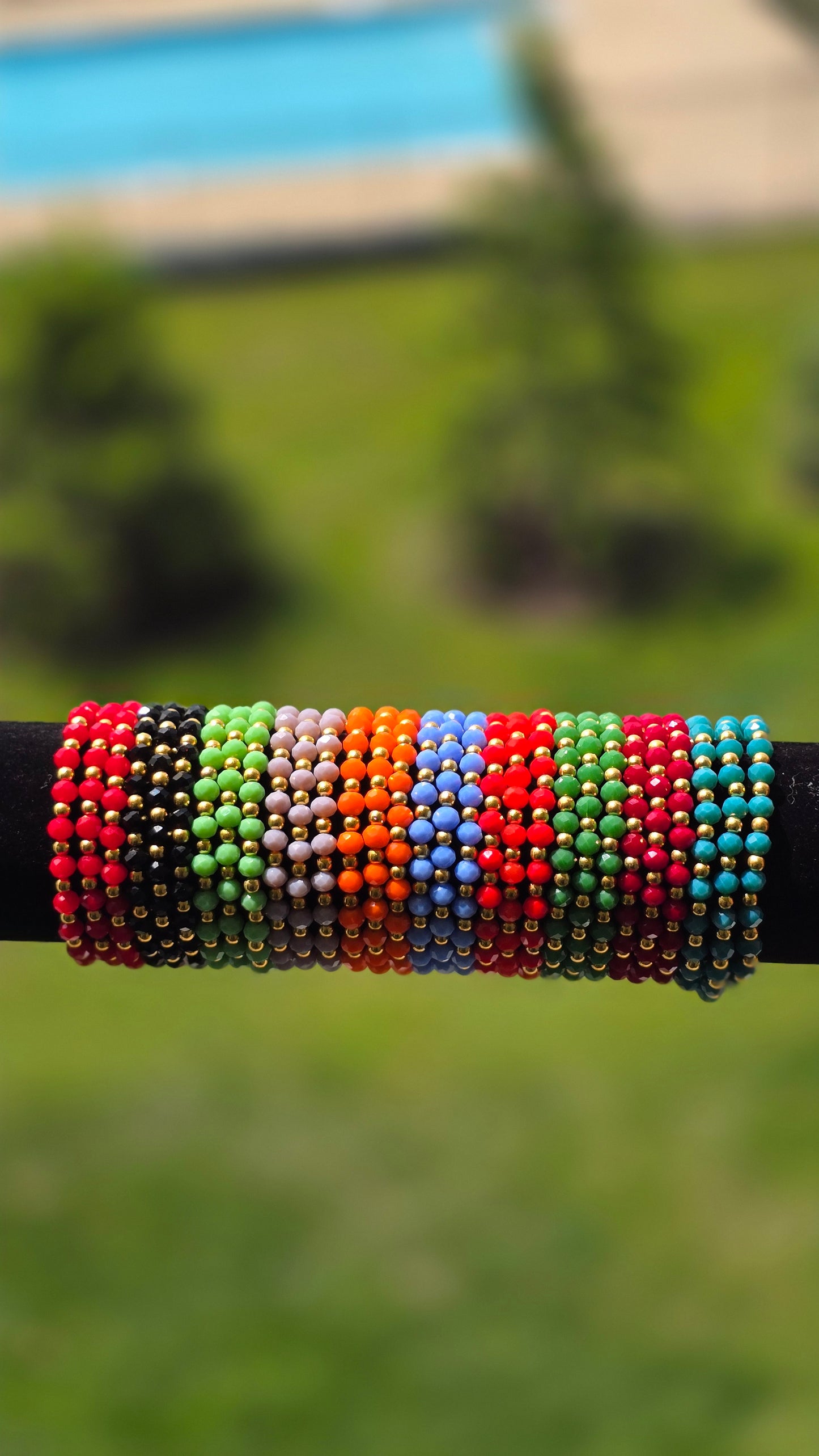 Multicolor Beaded Elastic Bracelet Set – Vibrant Rainbow Stackable Bracelets with Gold Accents