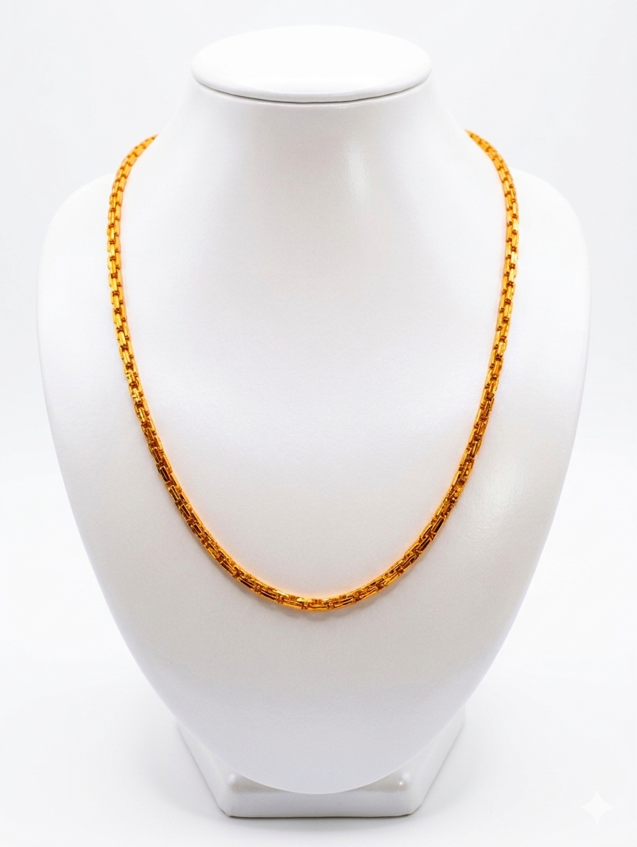 24K Yellow Gold Plated Textured Box Link Chain – Style Statement Necklace