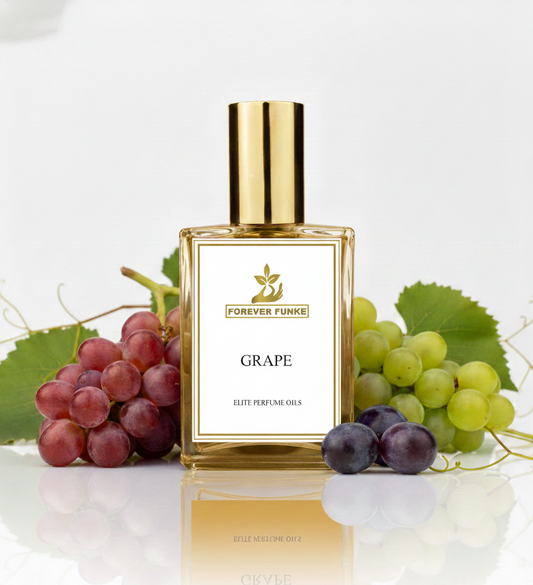 Perfume bottle labeled 'Grape' by Forever Funke with grapes around on a white background