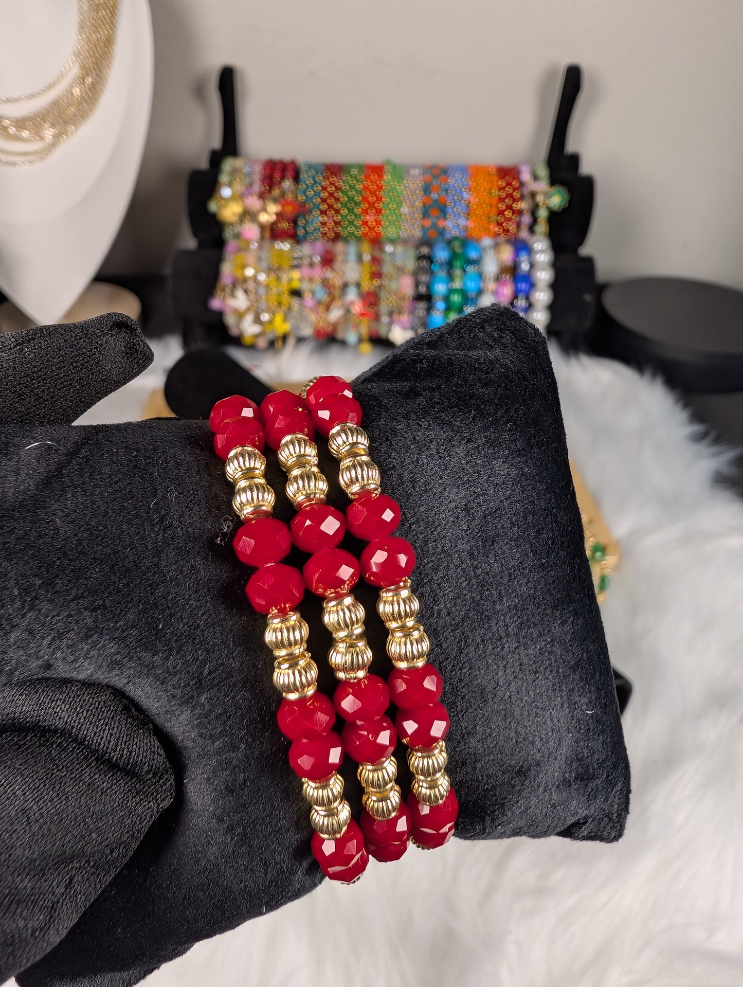 3 IN 1 Colorful Crystal Beaded Stretch Bracelet Set for Women – Gold Accent Stackable Bracelets, Fashion Jewelry Gift