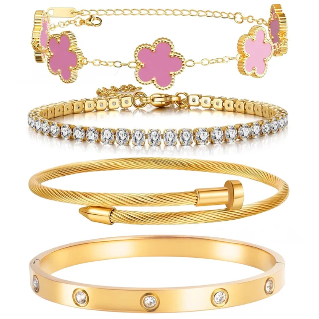Luxury 4-Piece Gold Bracelet Set – Pink Clover, Crystal Tennis, Twisted Nail, and Zirconia Bangle – Elegant Adjustable Jewelry Stack for Women