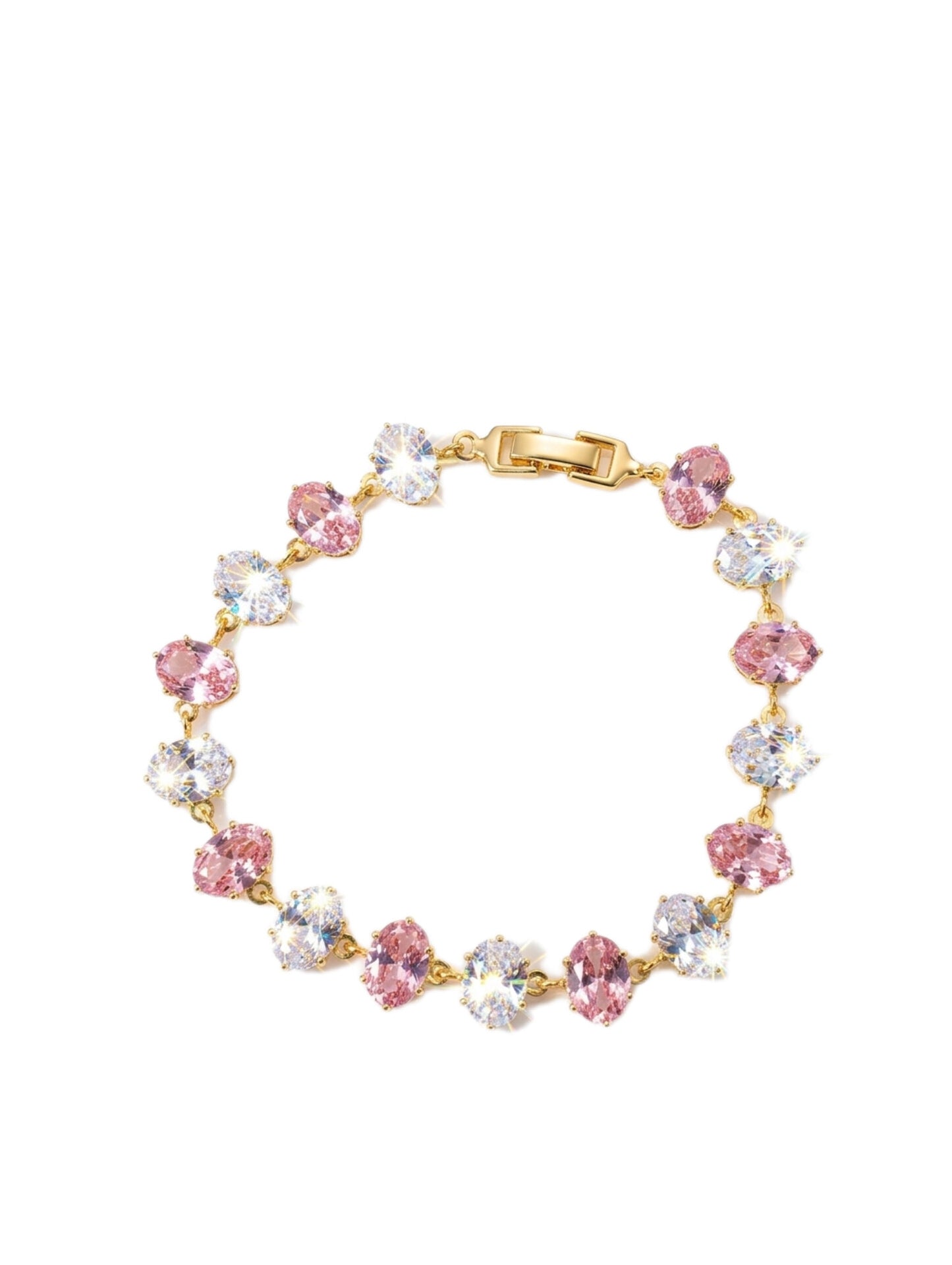 Radiant Oval Halo Tennis Bracelet – Blush Pink & Diamond White Crystal Gold-Plated Link Bracelet