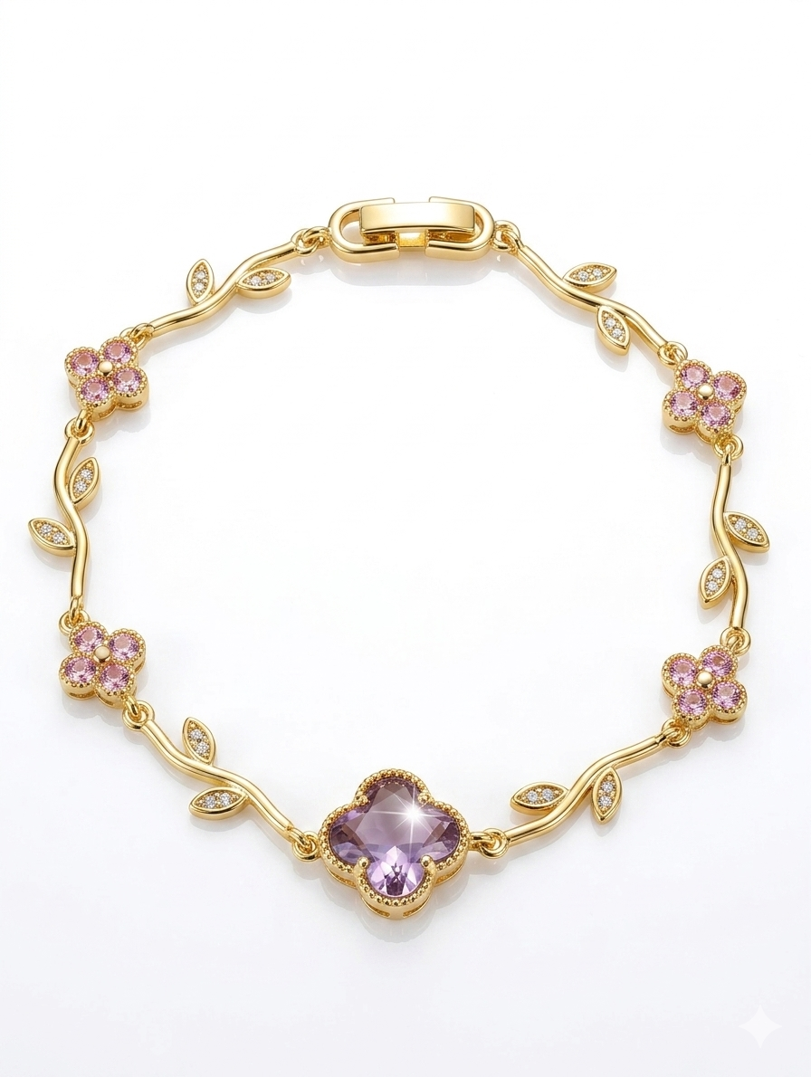 Four Leaf Colver Enchanted Floral Vine Bracelet – 14K Gold Plated with Vibrant Gemstones