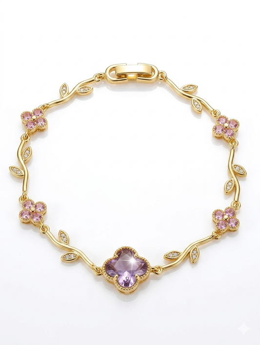 Four Leaf Colver Enchanted Floral Vine Bracelet – 14K Gold Plated with Vibrant Gemstones