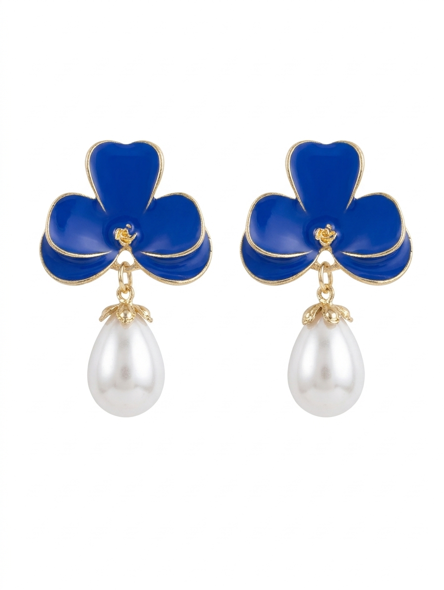 Floral Enamel Pearl Drop Earrings - Elegant Botanical Statement Jewelry