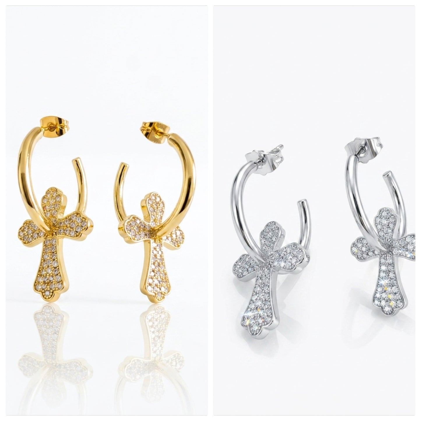 Dainty Iced-Out Cross Charm Hoop Earrings – 14K Gold & Silver Plated Premium Quality Statement Jewelry